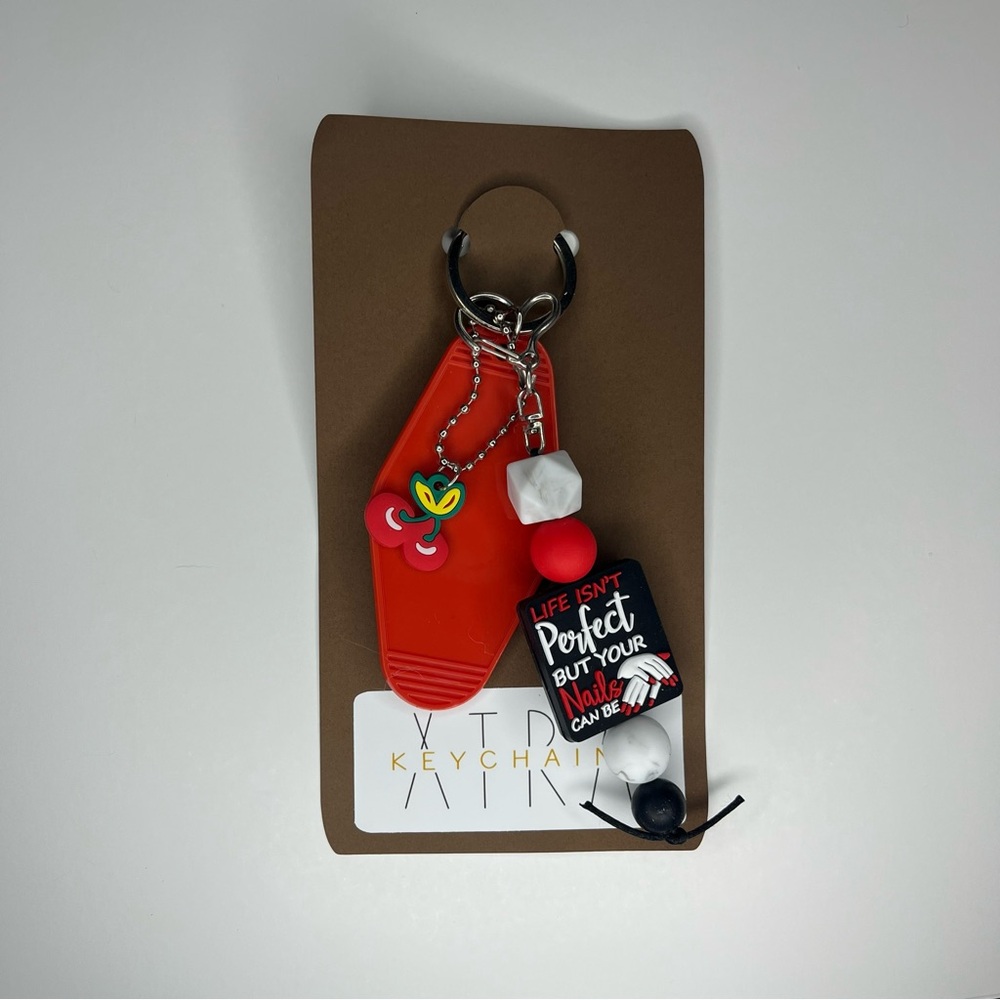 Red Motel Keychain with Colorful Cherry Charms